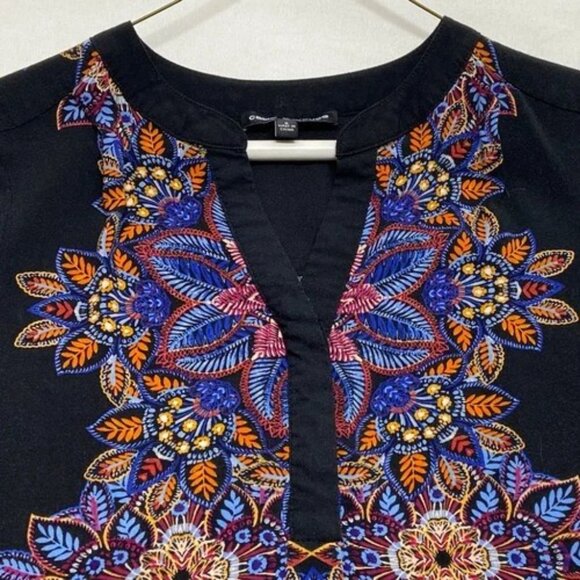 Cable & Gauge Long Tunic Women's Small Black Floral Print 3/4 Roll Tab Sleeves - Picture 11 of 11